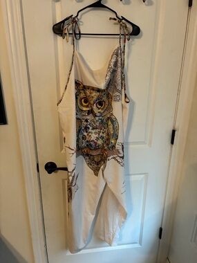 Boho Owl Print Tie-Strap Jumpsuit in Cream fits up to 4x